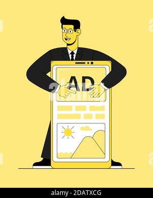 Junge Online-Geschäftsmann zeigt auf Smartphone-Bildschirm mit Inhalten und Werbung. Cartoon flache lineare Vektor-Illustration Stock Vektor