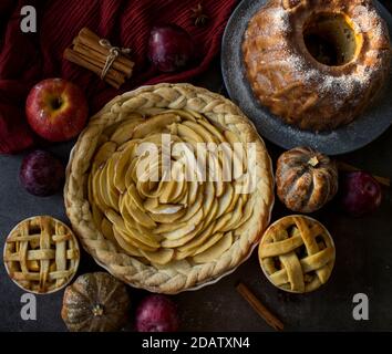 Apfelkuchen verschiedener Art auf einem Tisch mit frischem Obst, Zimtstangen und Kürbissen. Herbstmenü-Ideen. Hausgemachte Dessert Nahaufnahme Foto. Stockfoto