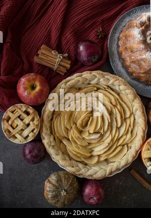 Apfelkuchen verschiedener Art auf einem Tisch mit frischem Obst, Zimtstangen und Kürbissen. Herbstmenü-Ideen. Hausgemachte Dessert Nahaufnahme Foto. Stockfoto