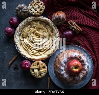 Verschiedene Gebäckstücke mit Äpfeln. Draufsicht Foto von süßen Kuchen auf grauem Hintergrund. Ideen für Weihnachtsmenüs. Stockfoto