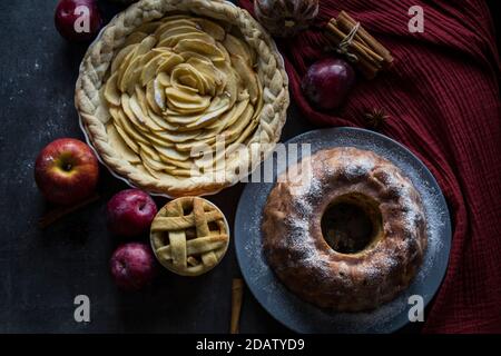 Desserttörtchen auf einem Tisch. Foto von oben mit verschiedenen Apfelkuchen, Kuchen und Torten, frischen Pflaumen, Äpfeln und Kürbissen. Herbstmenü-Ideen. Stockfoto