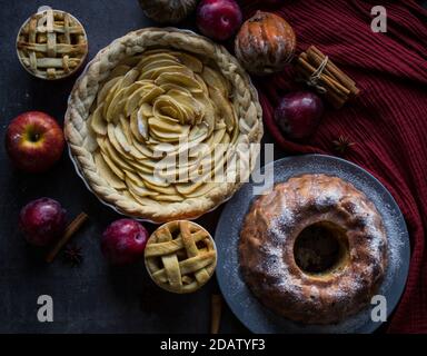 Verschiedene Gebäckstücke mit Äpfeln. Draufsicht Foto von süßen Kuchen auf grauem Hintergrund. Ideen für Weihnachtsmenüs. Stockfoto