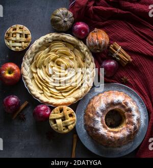 Apfelkuchen verschiedener Art auf einem Tisch mit frischem Obst, Zimtstangen und Kürbissen. Herbstmenü-Ideen. Hausgemachte Dessert Nahaufnahme Foto. Stockfoto