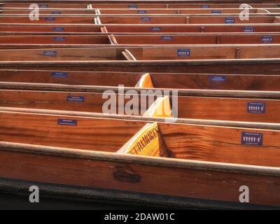 CAMBRIDGE, Großbritannien - 11. MÄRZ 2020: Leere Stunts liegen im Sonnenschein auf der River Cam Stockfoto