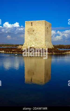 Torre de Tamarit spiegelt sich im Naturpark Salinas de Santa Pola, Salinen, Santa Pola, Costa Blanca, Spanien, Stockfoto