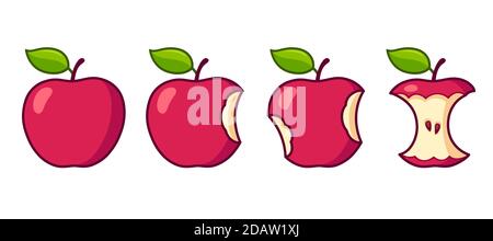 Cartoon Apfel essen Set. Ganz, Biss Stadien und übrig gebliebene Kern. Isolierte Vektor-Clip Art-Illustration. Stock Vektor