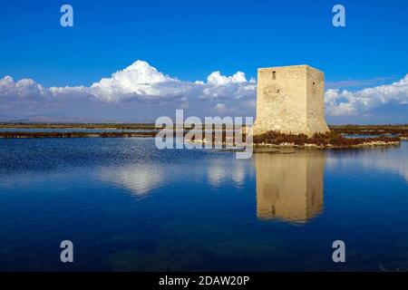 Torre de Tamarit spiegelt sich im Naturpark Salinas de Santa Pola, Salinen, Santa Pola, Costa Blanca, Spanien, Stockfoto