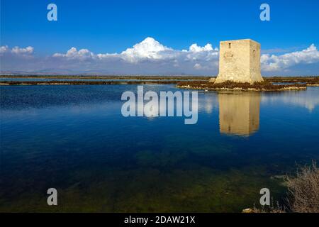 Torre de Tamarit spiegelt sich im Naturpark Salinas de Santa Pola, Salinen, Santa Pola, Costa Blanca, Spanien, Stockfoto