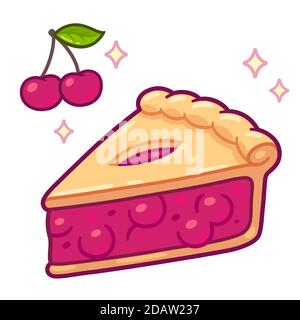 Niedliche Cartoon Kirsche Pie Zeichnung. Einfache handgezeichnete Tortenscheibe mit Kirschen. Isolierte Vektor-Clip Art-Illustration. Stock Vektor