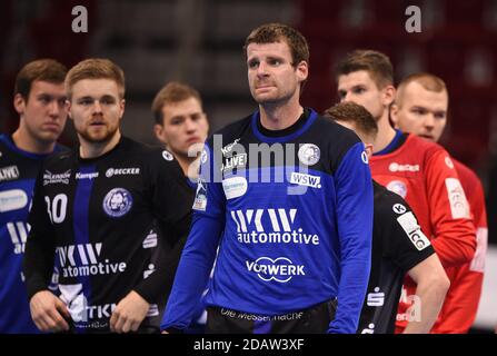 Düsseldorf, Deutschland. November 2020. Handball: Bundesliga, Bergischer HC - THW Kiel, 8. Spieltag, ISS Dome. Csaba Szücs vom Bergischen HC bewegte seinen Mund am Ende des Spiels. Quelle: Jonas Güttler/dpa/Alamy Live News Stockfoto