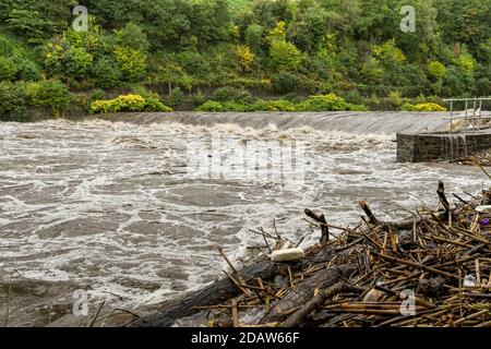 Trümmer und schwere Hochwasser auf dem Fluss Taff in der Nähe von Cardiff. Stockfoto