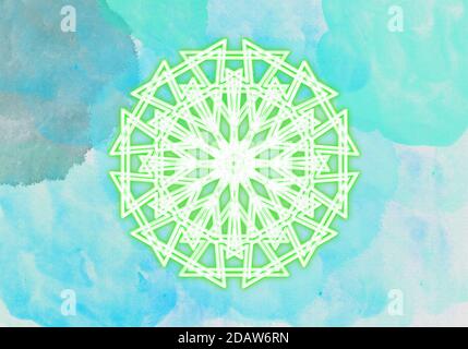 Illustration einer neongrünen Mandala-Kunst aus einem Kaleidoskop Auf Aquarellfarben Blautöne Stockfoto