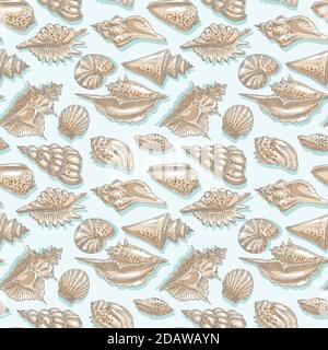 Muschel, Muschel, Meer, Weichtiere, Schalentiere, nautische nahtlose Muster Stock Vektor
