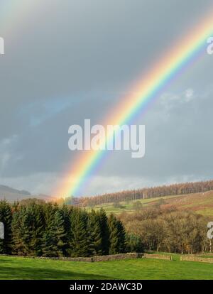 UK Wetter: Atemberaubender Regenbogen über Barden in Wharfedale, Yorkshire Dales National Park Landschaft: Atemberaubender Regenbogen über Barden in Wharfedale, Yorkshire Stockfoto