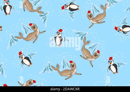 Nahtloses Muster mit Pinguin und Siegel auf blauem Hintergrund. Winter-Textur mit Comic-Figuren. Arctic Tiere nahtlose Muster.Vektor-Illustration Stock Vektor