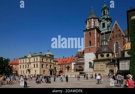 Statue des Königs neben der goldenen Kuppel der Sigismund-Kapelle, im Wawel-Schloss auf dem Wawel-Hügel, Krakau. Stockfoto