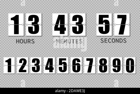 Flip-Uhr zeigt an, wie viel Zeit Stunden, Minuten und Sekunden. Flipboard mit schwarzen Zahlen im Retro-Stil auf transparentem Hintergrund. Vektordesign Stock Vektor