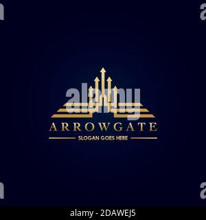 Golden Arrow Line Logo Wohnung Immobilien, Immobilien, Hotel und Architektur Business Identität. Stockfoto