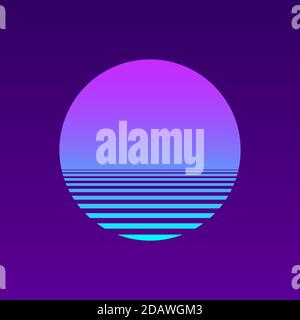 Isolierter Sonnenuntergangsgradient auf violettem Hintergrund. Vektor-Illustration der Sonne im Retro-Stil der 80er und 90er Jahre. EPS 10 Stock Vektor