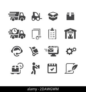 Fulfillment Black Vektor Icon Set. Liefersymbole – Symbole für Handstapler, Gabelstapler, Lager. Stock Vektor