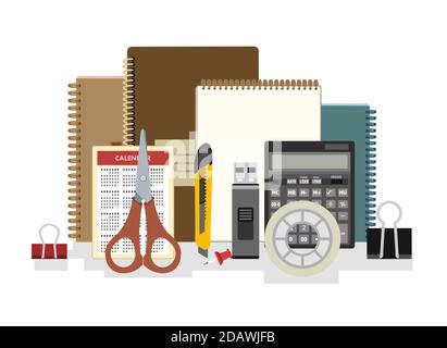 Schreibwaren. Güter für Büro, Schule und Kreativität. Isoliertes Objekt auf weißem Hintergrund. Vektor. Stock Vektor