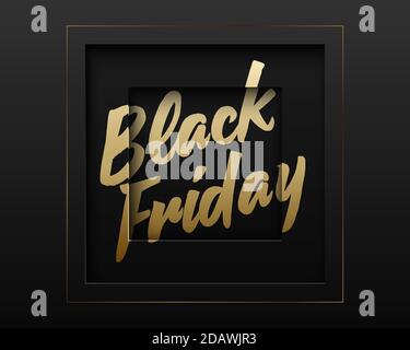 Vector Black Friday abstrakt quadratisch Papier geschnitten Luxus-Rahmen. Goldfarbener, geschwungenen Text. Premium Label dunklen Design Hintergrund mit geometrischem Muster Stock Vektor
