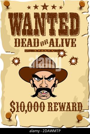 WANTED Outlaw Poster, Wild West Vorlage in einem Cartoon-Stil Stock Vektor