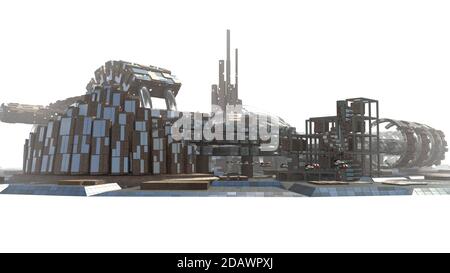 Futuristische Skyline der Stadt mit metallischen architektonischen Strukturen für Sci-Fi-Hintergründe, mit der Z-Tiefenschärfe-Kanal und der Profil-Clipping-Pfad Stockfoto