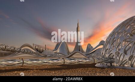 3D-Illustration einer Skyline der Stadt mit futuristischer Architektur und organischen Kuppelstrukturen durch röhrenförmige Gehwege verbunden, für Fantasie oder Wissenschaft ficti Stockfoto