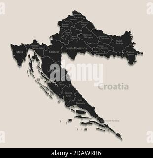 Schwarze Karte von Kroatien mit Namen von Regionen, Design Tafel Vektor Stock Vektor