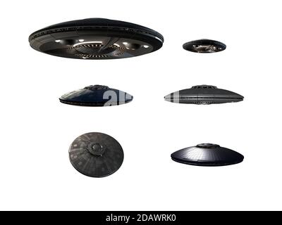 3D-Illustration eines UFO, nicht identifiziertes fliegendes Objekt oder fliegende Untertasse, in perspektivisch angepassten Instanzen, für Science-Fiction-Kunstwerke oder interstellare Stockfoto