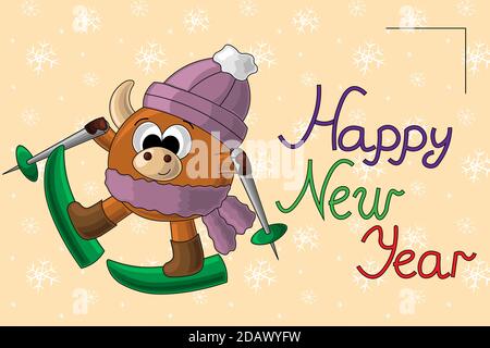 Weihnachtskarte mit niedlichen Cartoon-Stier und Skiern Stock Vektor