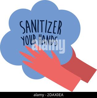 Desinfektionsmittel Ihre Hände Schriftzug Kampagne Hand gemacht flachen Stil Vektor Illustrationsdesign Stock Vektor