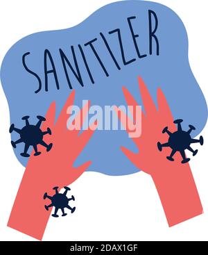 Desinfizieren Sie Ihre Hände Beschriftung Kampagne mit Händen und Partikeln flach Stil Vektor Illustration Design Stock Vektor