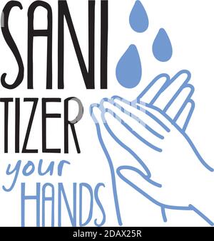 Desinfektionsmittel Ihre Hände Schriftzug Kampagne Hand gemacht flachen Stil Vektor Illustrationsdesign Stock Vektor