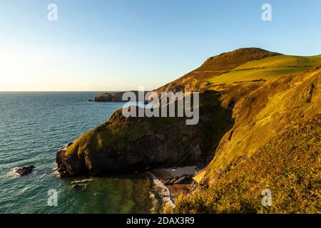 Ein Blick auf Ynys Lochtyn, vom Küstenweg bei Llangrannog ein beliebtes Touristenziel an der Küste von Ceredigion, Wales Stockfoto