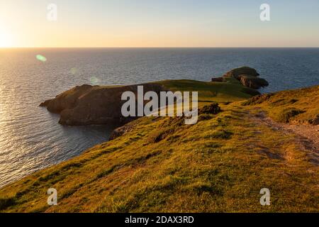 Ein Blick auf Ynys Lochtyn, vom Küstenweg bei Llangrannog ein beliebtes Touristenziel an der Küste von Ceredigion, Wales Stockfoto