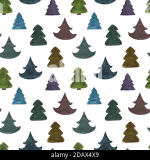 Aquarell weihnachten nahtlose Muster mit bunten Weihnachtsbäumen. Stockfoto