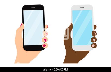 Weibliche Hände halten Handy, Smartphones. Vektorgrafik. Stock Vektor