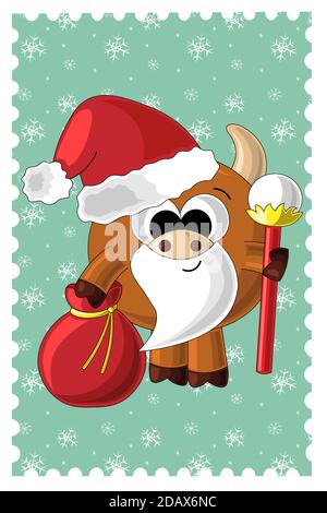 Weihnachtskarte mit niedlichen Cartoon Stier Santa Stock Vektor