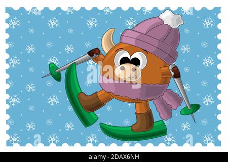 Weihnachtskarte mit niedlichen Cartoon-Stier und Skiern Stock Vektor