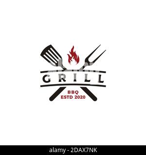 Vintage Grill Grill Barbecue bbq mit gekreuzten Gabel und Feuer Flame Logo-Design Stock Vektor