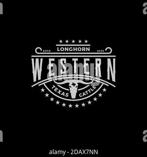 Texas Longhorn, Country Western Bull Cattle Vintage Western Label Typography Logo Design Stock Vektor