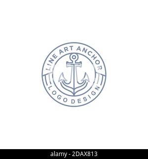 Mono Line / Line Art Anker, Stempel Abzeichen Label Emblem Logo Design für Schiff Marine nautischen Transport. Stock Vektor