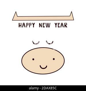 Weißer Ochse. Symbol des chinesischen Neujahrs 2021. Lächelnder Stier, Kuh. Gruß Neujahrskarte, Weihnachtskarte mit lustigen niedlichen kawaii Charakter Stock Vektor