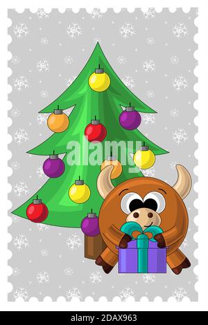 Weihnachtskarte mit niedlichen Cartoon Stier und Geschenk Stock Vektor
