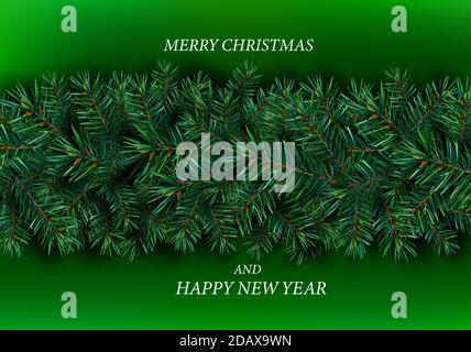 Realistische Weihnachtsgrenze von Kiefernzweigen Baum auf grünem Hintergrund. Tannenzweige für Ihre Dekoration, Banner, Karten. Vektorgrafik. Stock Vektor