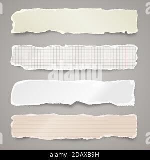 Gerissene farbige Papierstreifen. Realistische zerknitterte Papierfetzen mit abgerissenen Kanten. Linierte Fetzen von Notizbuchseiten. Vektorgrafik. Stock Vektor