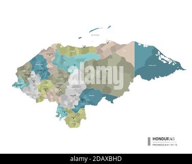 Honduras hat eine detaillierte Karte mit Unterteilungen. Verwaltungskarte von Honduras mit Bezirken und Städten Namen, farbig nach Bundesstaaten und administrative dist Stock Vektor