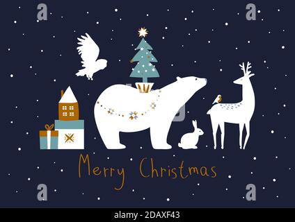 Frohe Weihnachten! Karte mit einem Eisbären Stock Illustration. Arktis, Tier, Kunst, Bär, Feier Stock Vektor